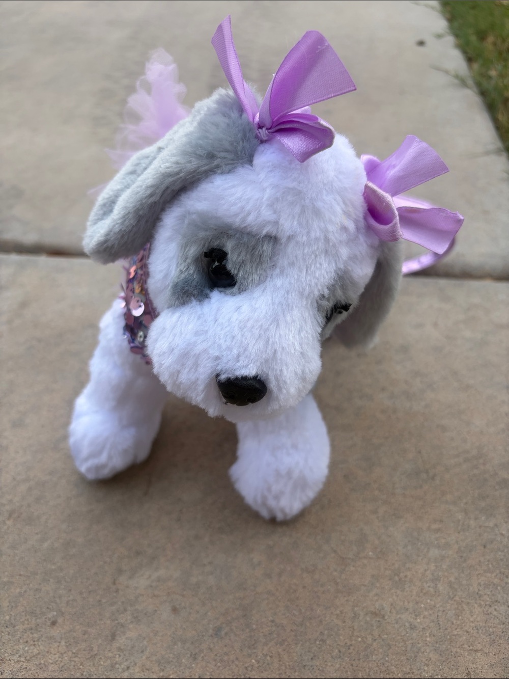 Plush White & Gray Puppy Toy with Lavender Bows Purse- Pet Play Plush